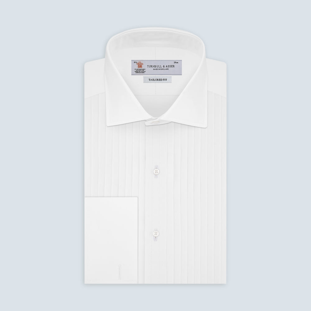 Tailored Fit White Pleated Front Shirt with Kent Collar and Double Cuffs