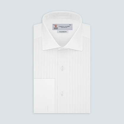Tailored Fit White Pleated Front Shirt with Kent Collar and Double Cuffs