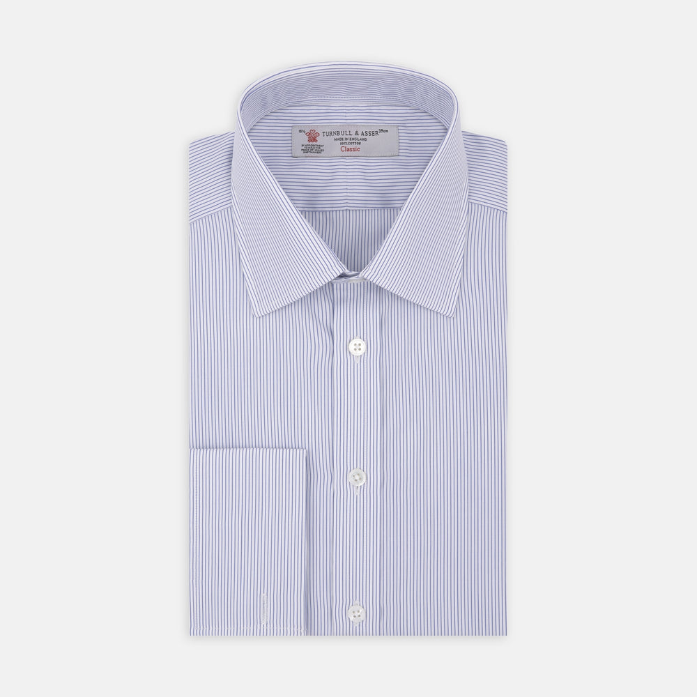 Blue and White Fine Stripe Cotton Shirt with T&amp;A Collar and Double Cuff
