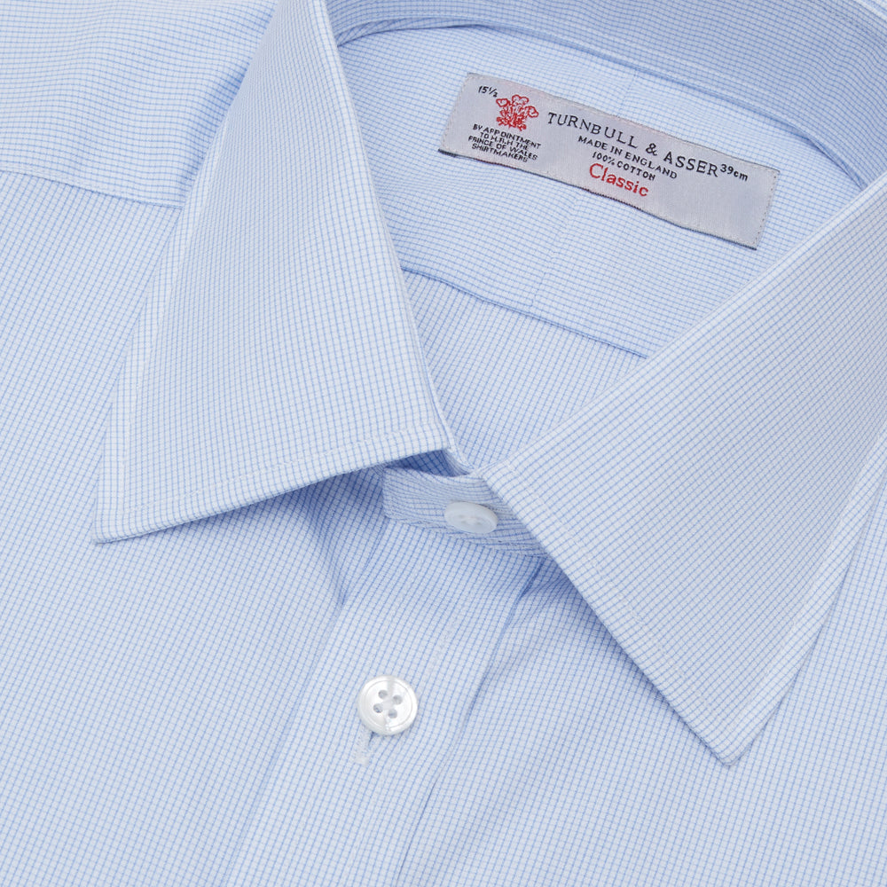 Light Blue Fine Check Shirt with T&A Collar and 3-Button Cuffs