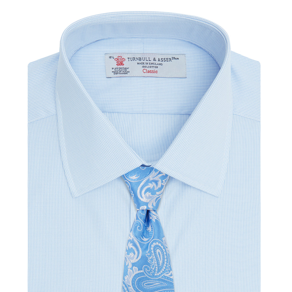 Light Blue Fine Check Shirt with T&amp;A Collar and Double Cuffs
