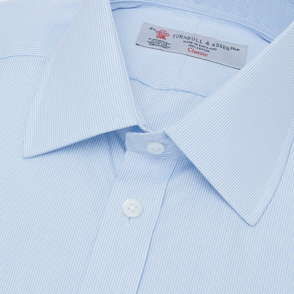 Light Blue Fine Check Shirt with T&amp;A Collar and Double Cuffs