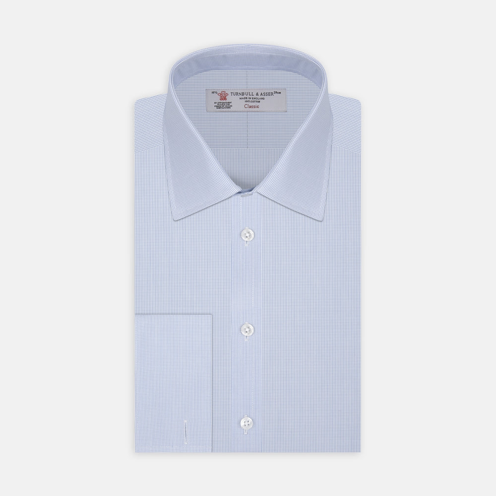 Light Blue Fine Check Shirt with T&amp;A Collar and Double Cuffs