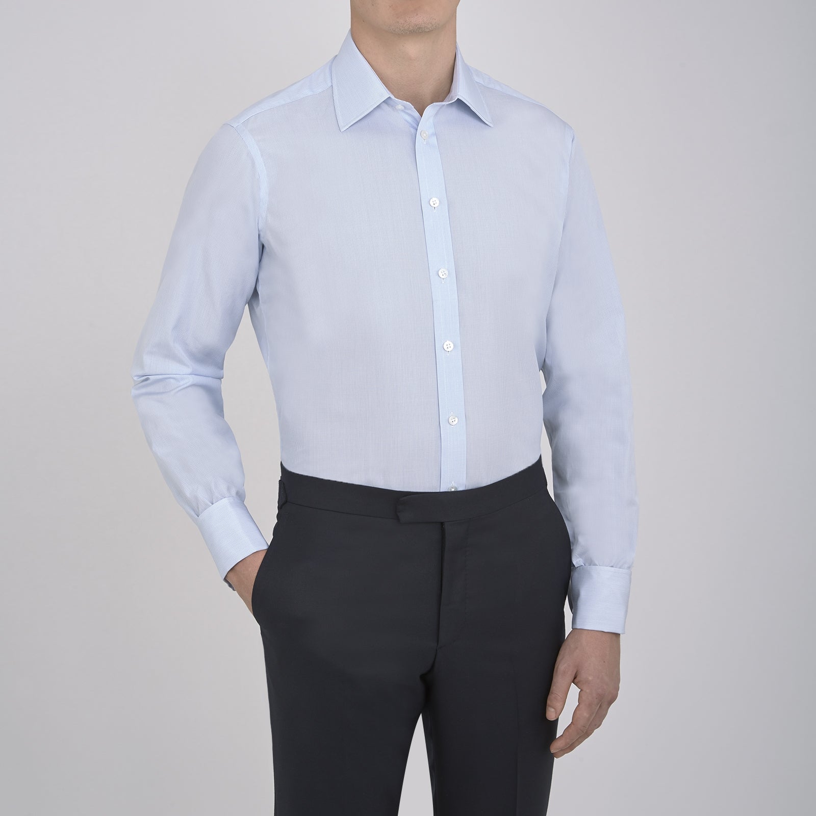 View 2 of product Light Blue Fine Check Shirt with T&amp;A Collar and Double Cuffs