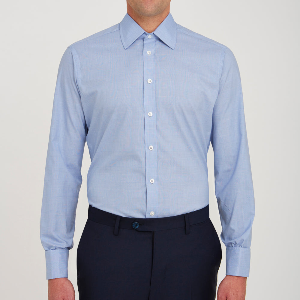 Blue Prince of Wales Check Shirt with T&A Collar and Double Cuffs