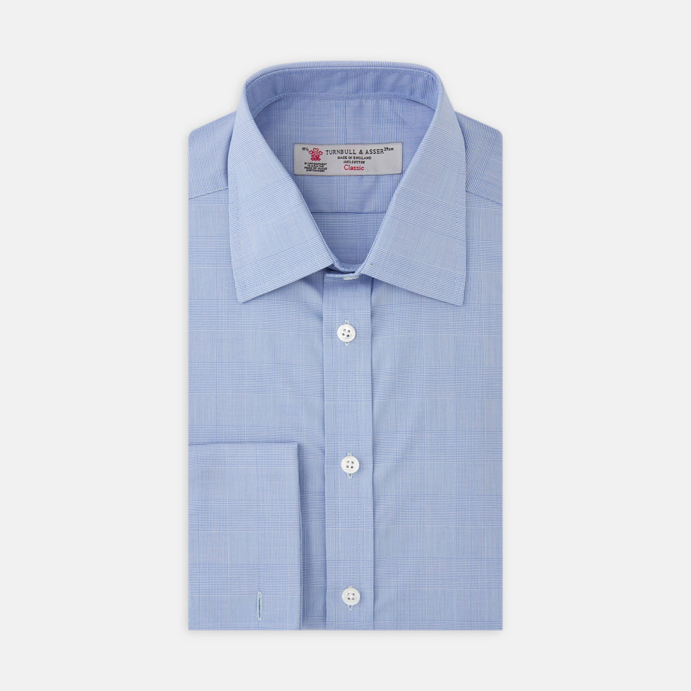 Blue Prince of Wales Check Shirt with T&amp;A Collar and Double Cuffs