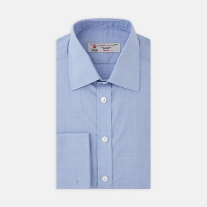 Blue Prince of Wales Check Shirt with T&amp;A Collar and Double Cuffs