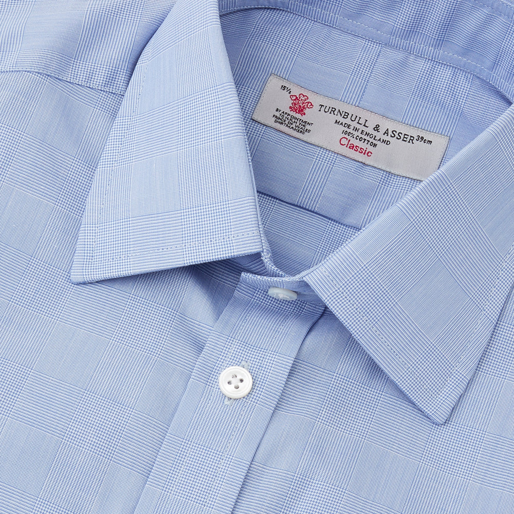 Blue Prince of Wales Check Shirt with T&amp;A Collar and Double Cuffs