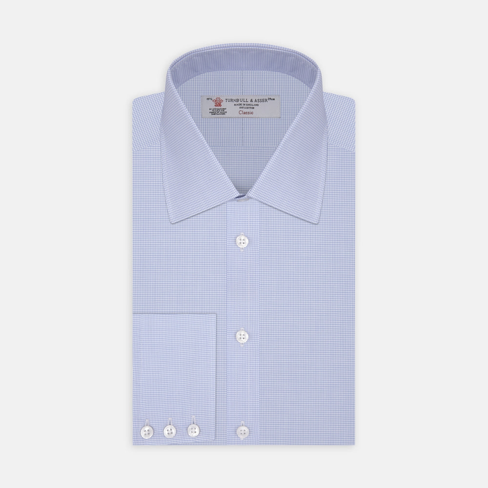 Sky Blue Micro-Check Cotton Shirt with T&A Collar and 3-Button Cuffs