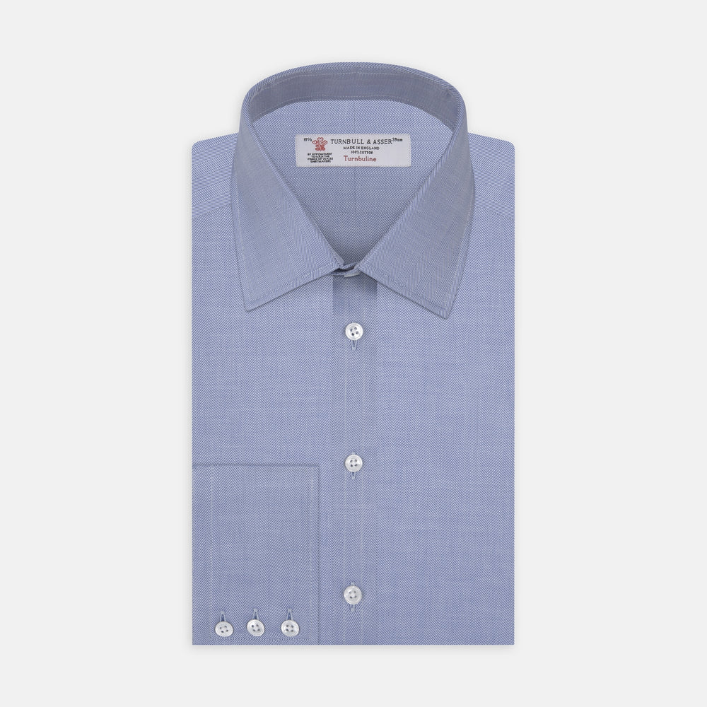 Blue Herringbone Superfine Cotton Shirt with T&A Collar and 3-Button Cuffs