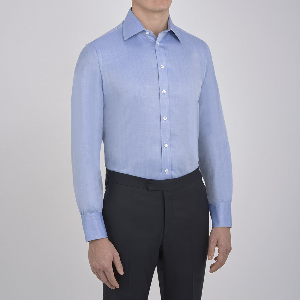 Blue Herringbone Superfine Cotton Shirt with T&A Collar and 3-Button Cuffs