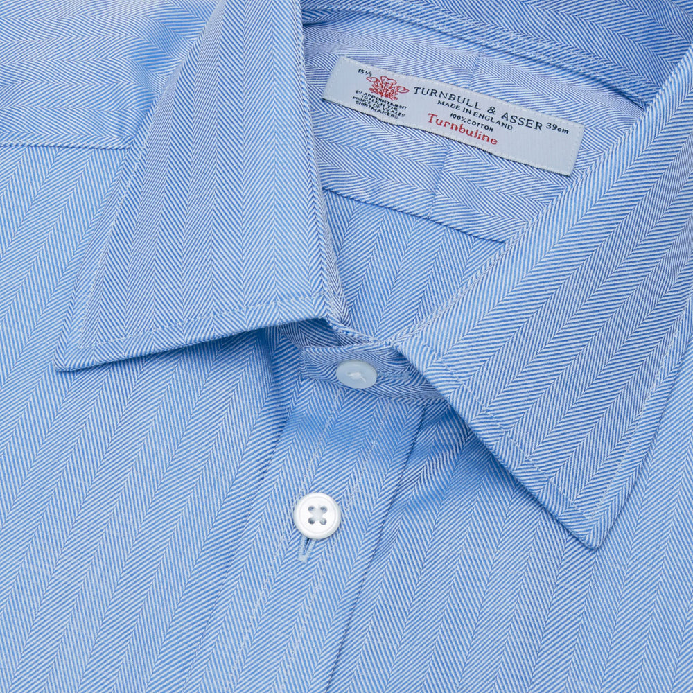 Blue Herringbone Superfine Cotton Shirt with T&A Collar and Double Cuffs