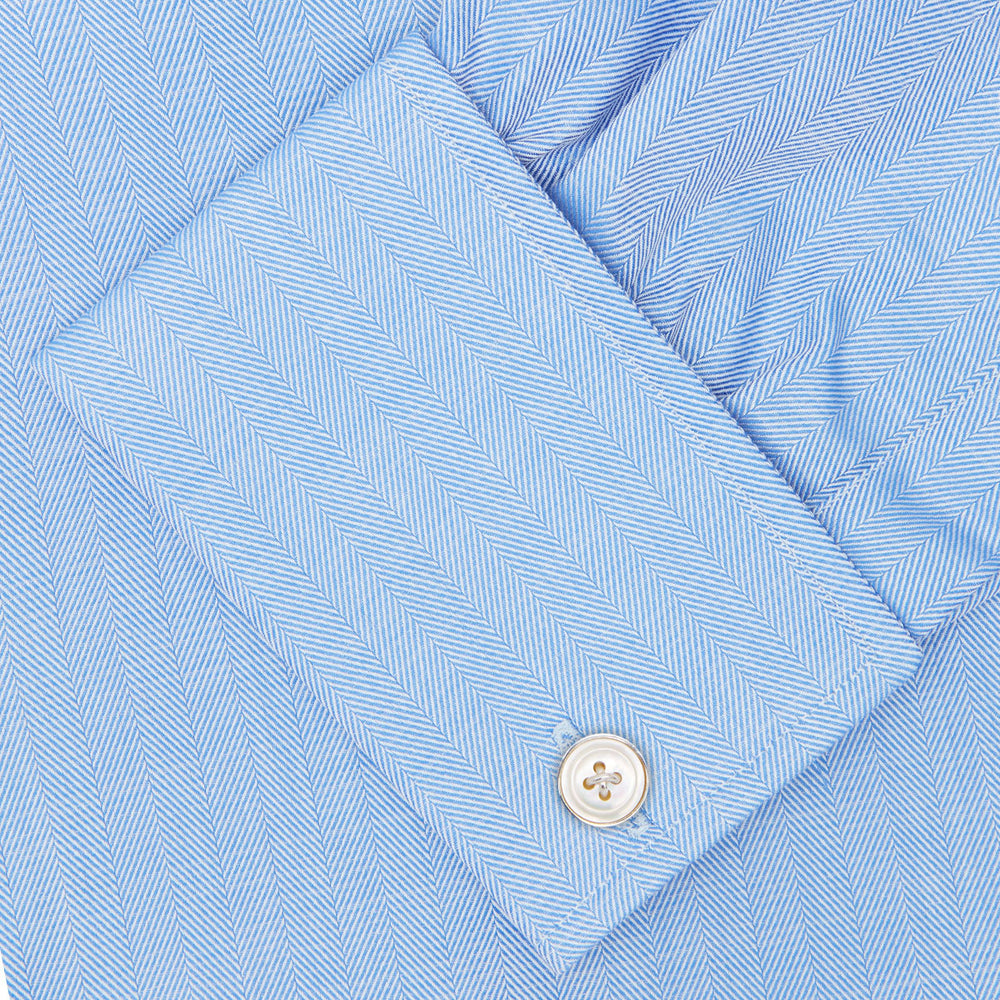 Blue Herringbone Superfine Cotton Shirt with T&A Collar and Double Cuffs