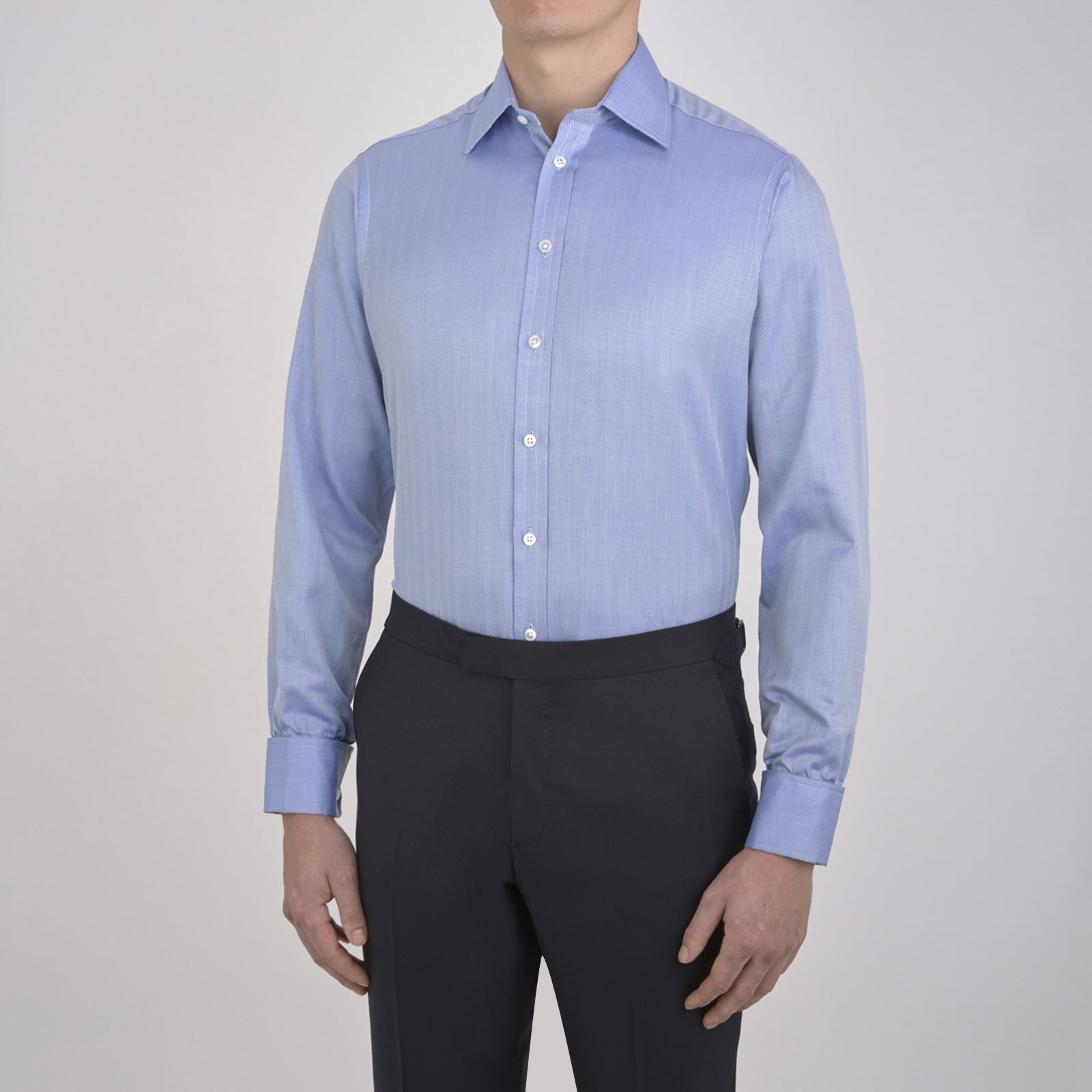 View 2 of product Blue Herringbone Superfine Cotton Shirt with T&A Collar and Double Cuffs