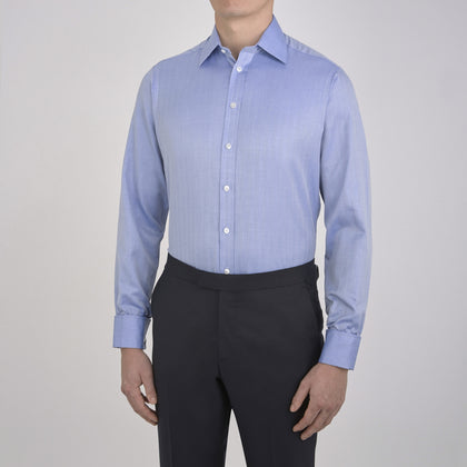 Blue Herringbone Superfine Cotton Shirt with T&A Collar and Double Cuffs
