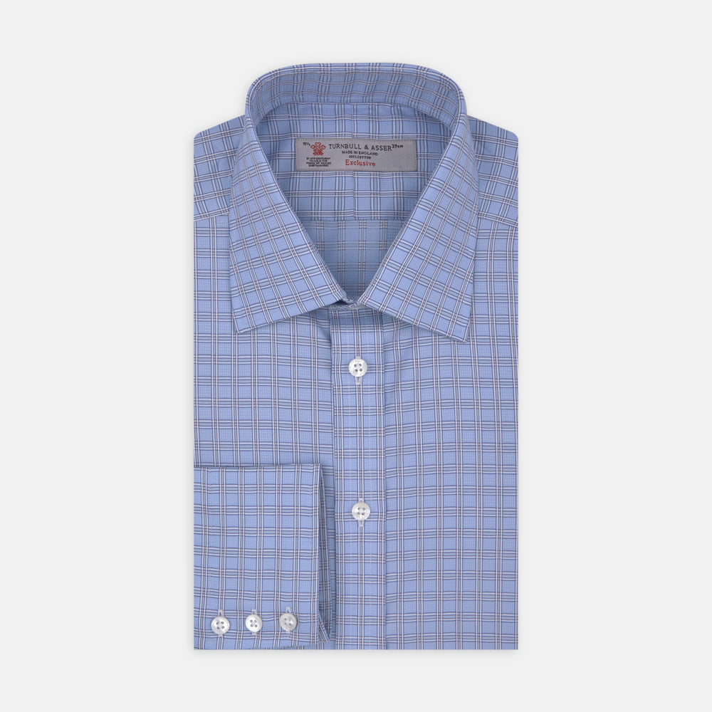 Mid Blue and White Check Shirt with T&A Collar and Button Cuffs
