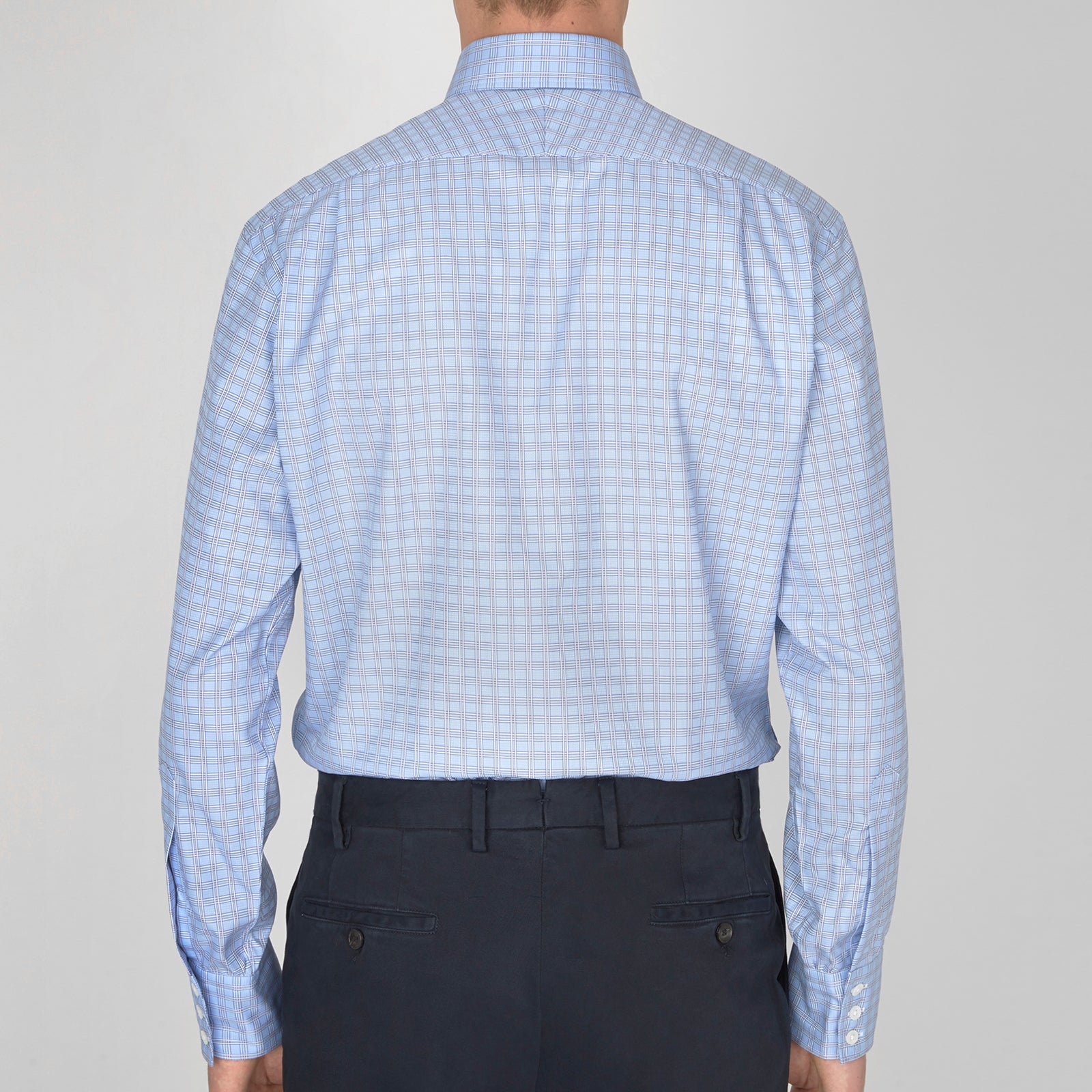 Mid Blue and White Check Shirt with T&A Collar and Button Cuffs
