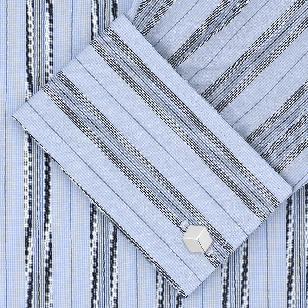 Grey, Turquoise and Sky Blue Mixed Stripe Shirt with T&A Collar and Double Cuffs