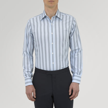 Grey, Turquoise and Sky Blue Mixed Stripe Shirt with T&A Collar and Double Cuffs Image 1
