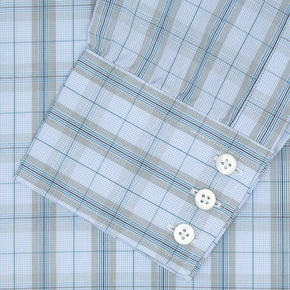 Grey, Turquoise and Sky Blue Mixed Check Shirt with T&A Collar and 3-Button Cuffs Image 1