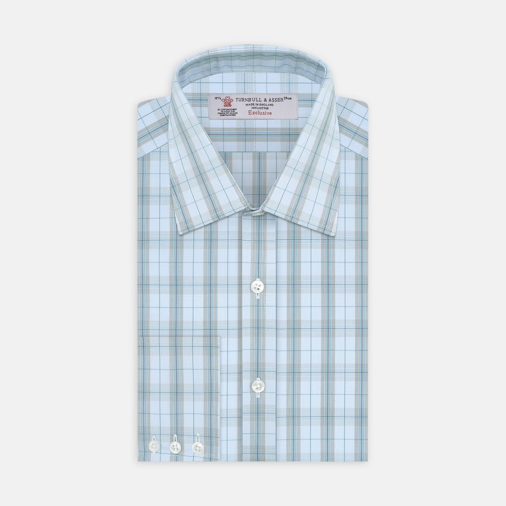 Grey, Turquoise and Sky Blue Mixed Check Shirt with T&A Collar and 3-Button Cuffs
