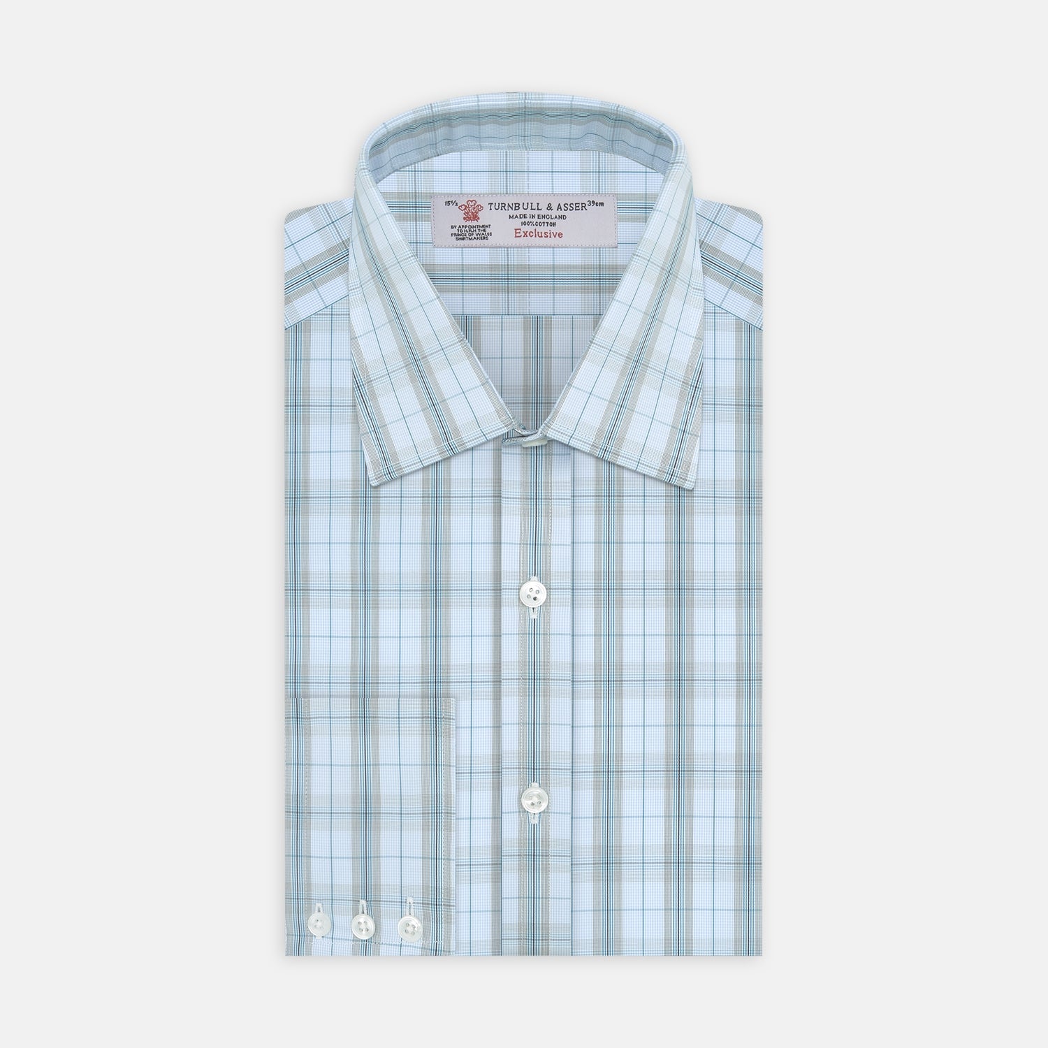 View 1 of product Grey, Turquoise and Sky Blue Mixed Check Shirt with T&A Collar and 3-Button Cuffs