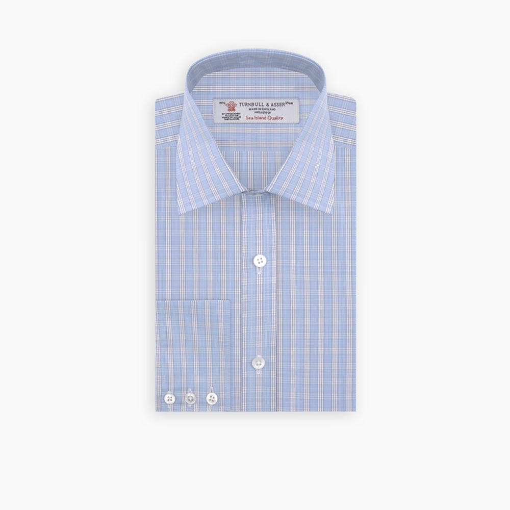 Blue and White Bold Check Shirt with T&A Collar and 3-Button Cuffs