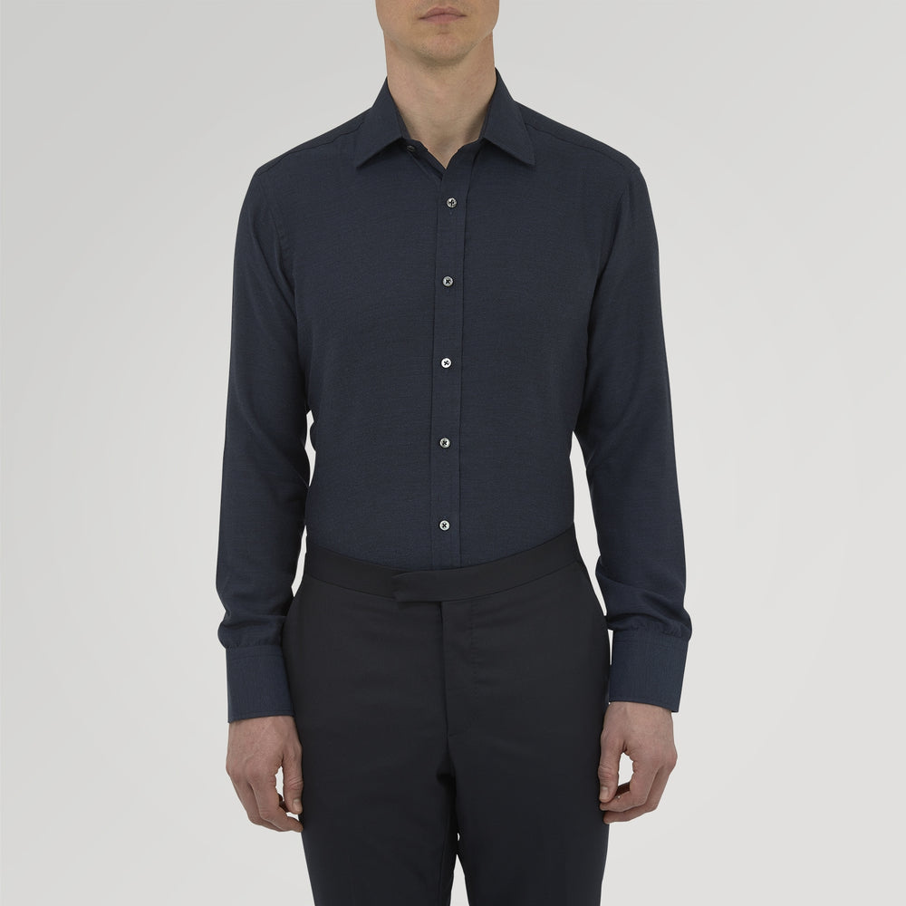 Navy Cashmere Blend Shirt with T&A Collar and 3-Button Cuffs