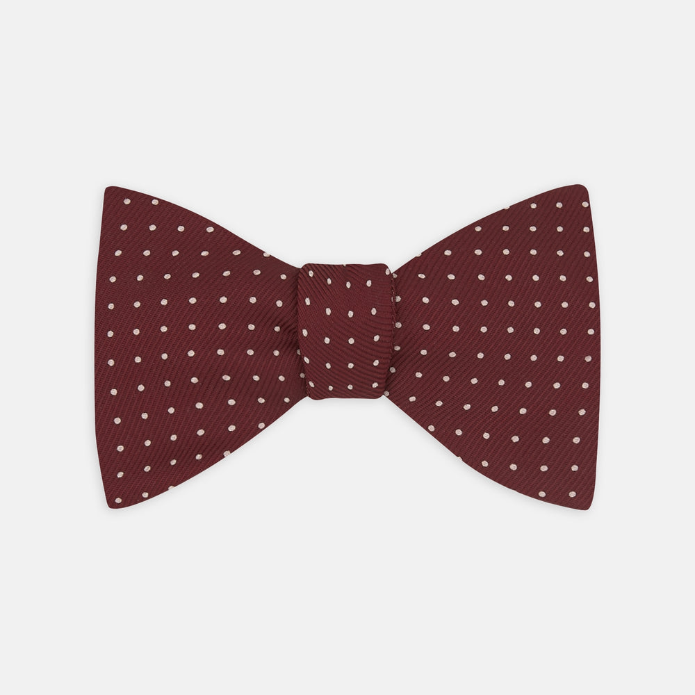 Burgundy and White Small Spot Printed Silk Bow Tie