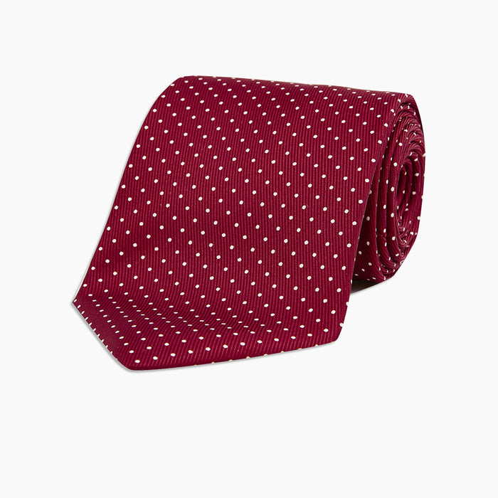 Burgundy and White Small Spot Printed Silk Tie Image 4