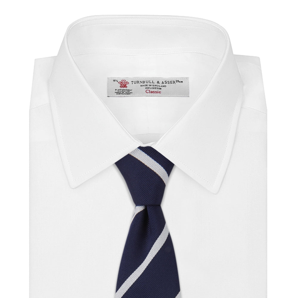 Long Navy and White Blazer Stripe Repp Silk Tie | Turnbull & Asser