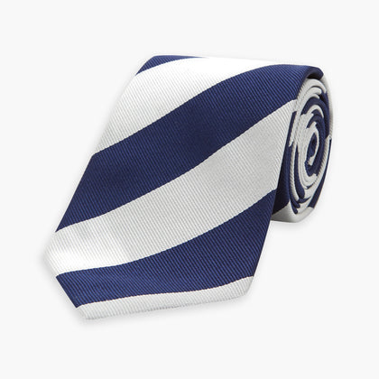 Long Navy and Off-White Block Stripe Repp Silk Tie Image 4