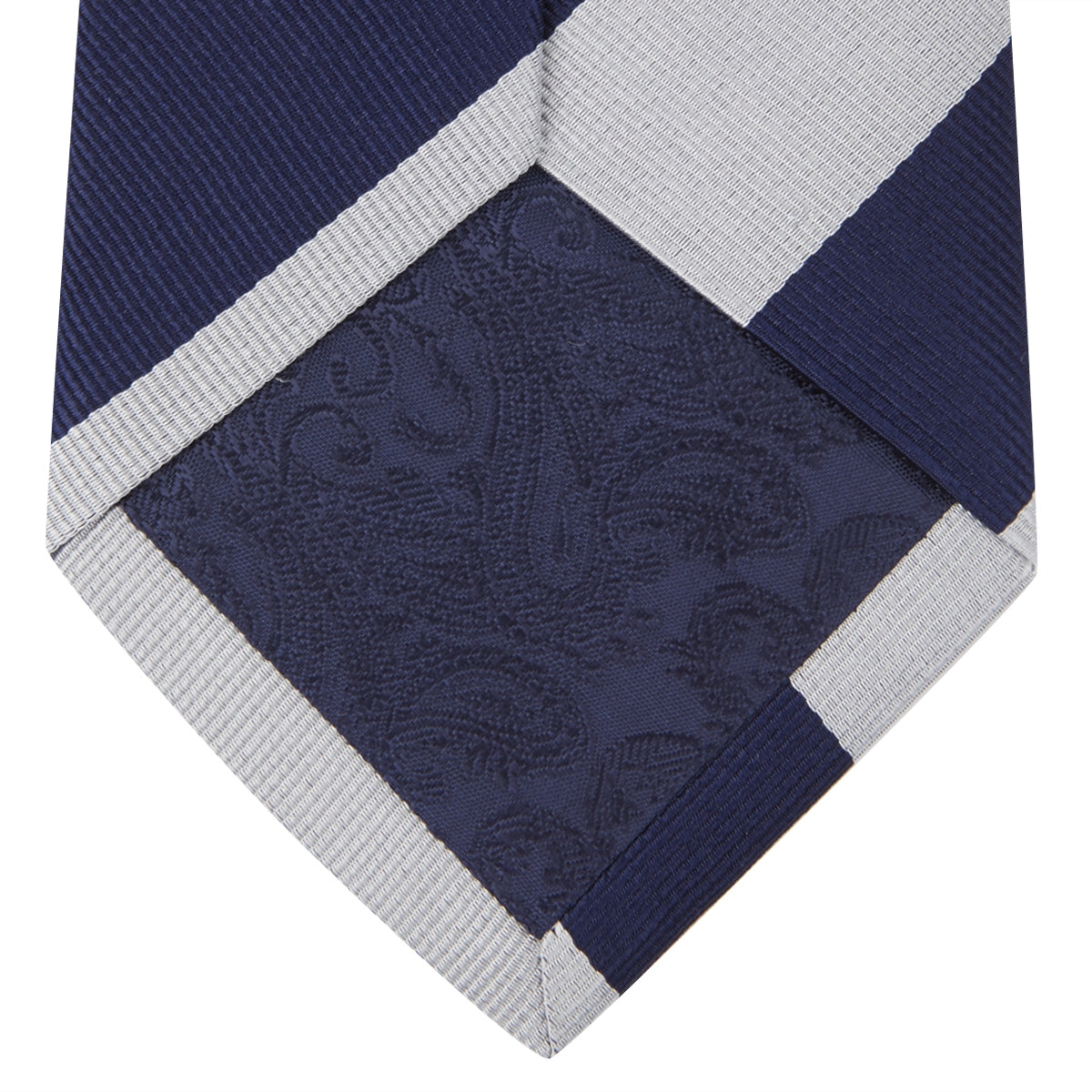 Long Navy and Off-White Block Stripe Repp Silk Tie