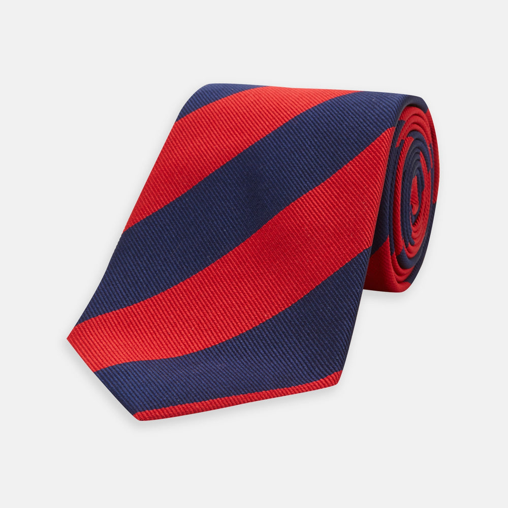 Long Navy and Red Block Stripe Repp Silk Tie