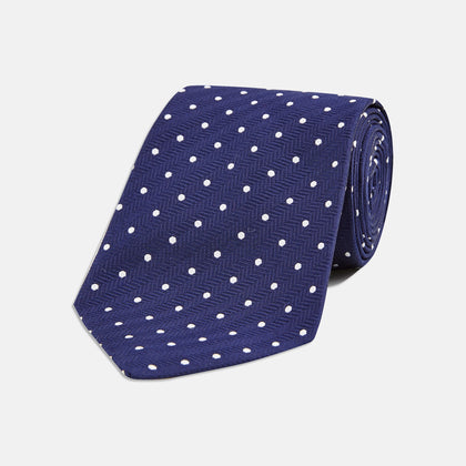 Seven-Fold Navy & White Spot Herringbone Silk Tie