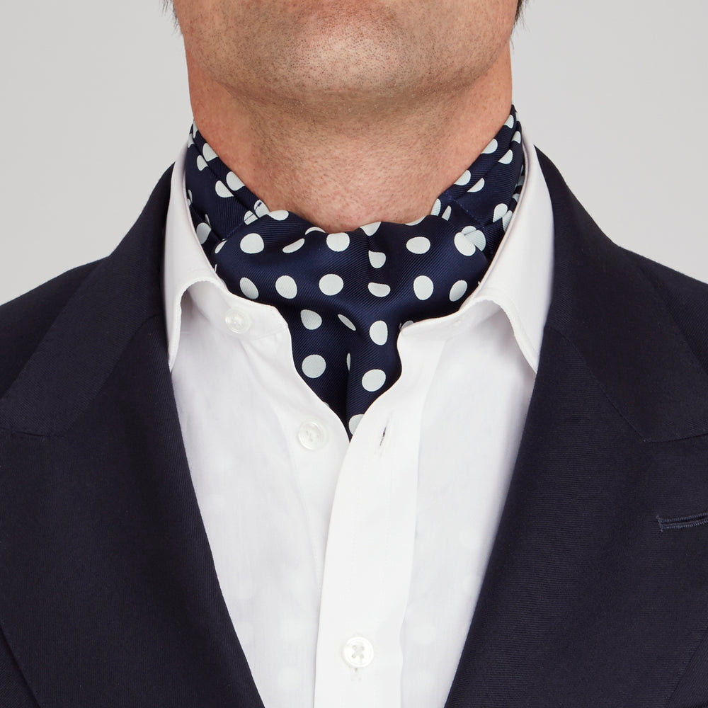 Navy and White Large Spot Silk Ascot Tie