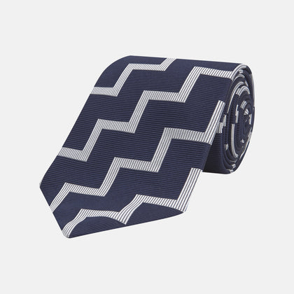 Navy and White Striped Zigzag Silk Tie