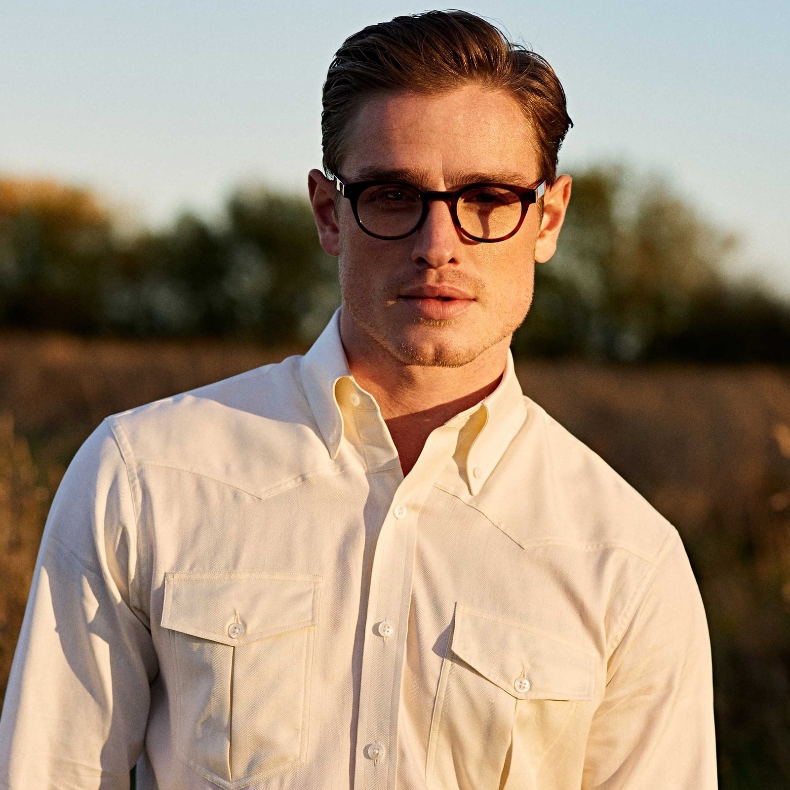 View 2 of product Weekend Fit Cream Herringbone Western Shirt with Norfolk Collar and Button Cuffs