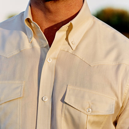 Weekend Fit Cream Herringbone Western Shirt with Norfolk Collar and Button Cuffs Image 2