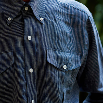 Navy & White Linen Officer Weekend Fit Shirt with Dorset Collar and 1-Button Cuffs Image 2