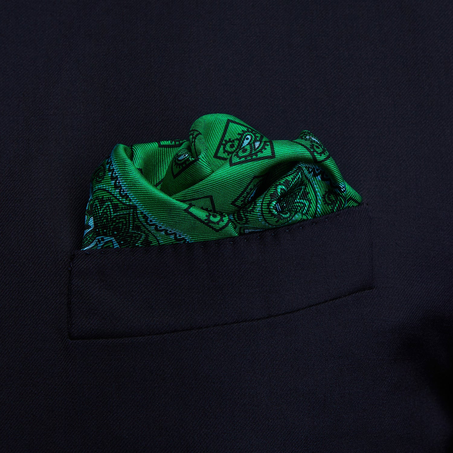 View 2 of product Green & Blue Double-Faced Paisley Silk Bandana Pocket Square