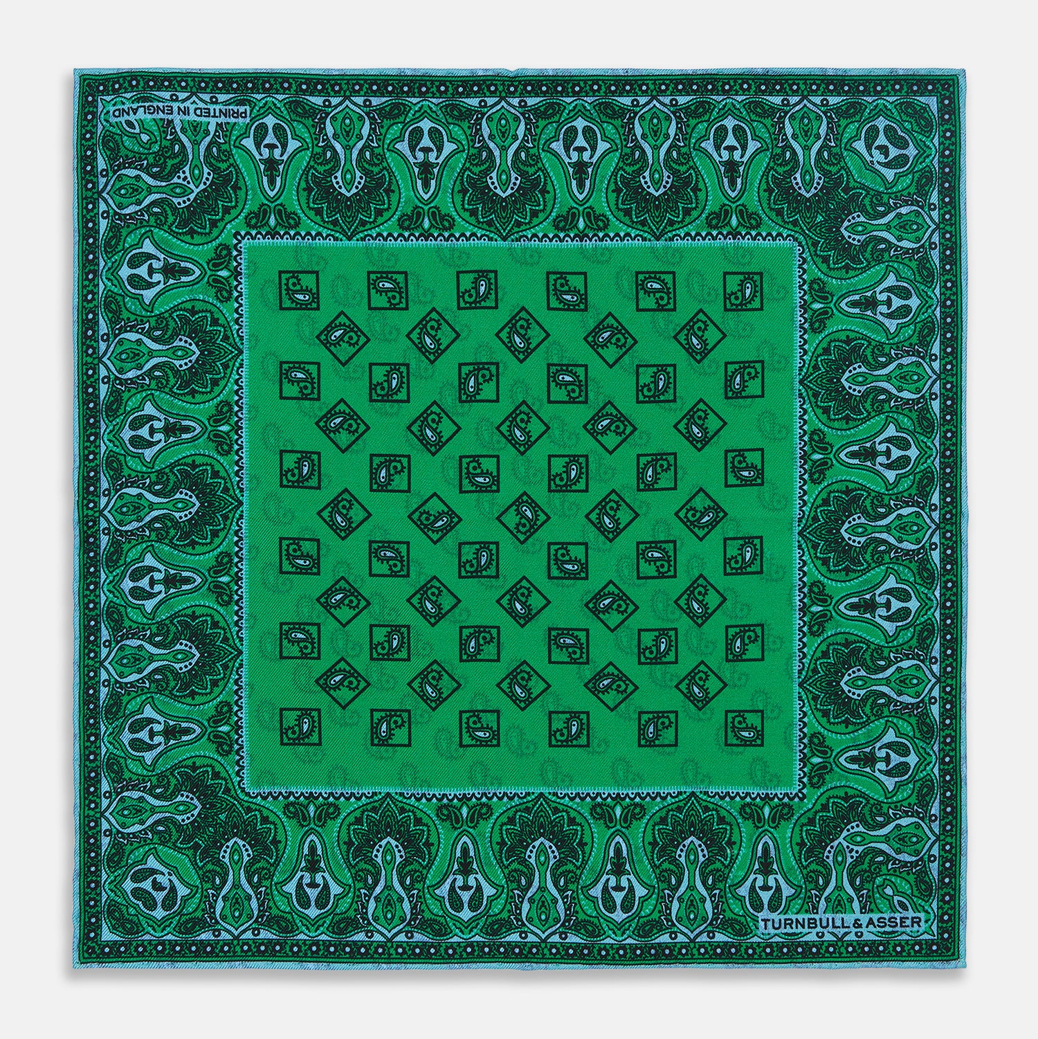 View 1 of product Green & Blue Double-Faced Paisley Silk Bandana Pocket Square