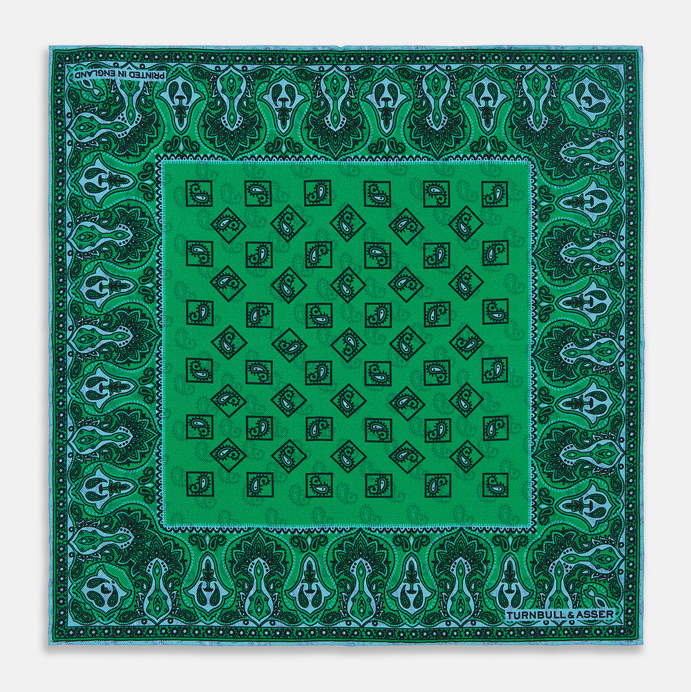 Green & Blue Double-Faced Paisley Silk Bandana Pocket Square