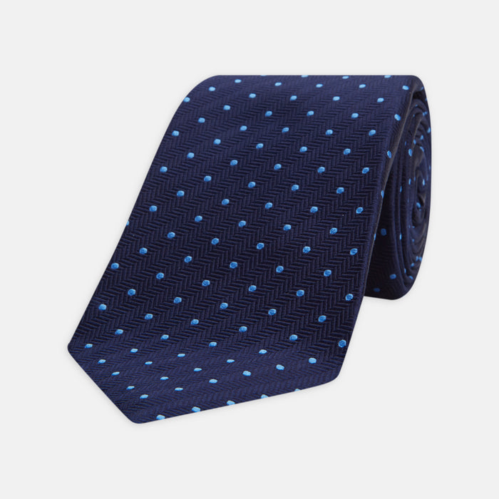 Seven-Fold Navy & Light Blue Spot Herringbone Silk Tie