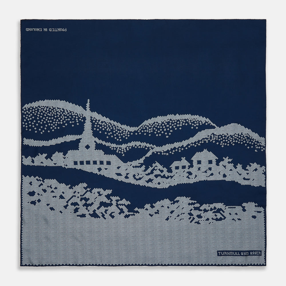 Blue Snowscape Motif Silk Extra Large Scarf