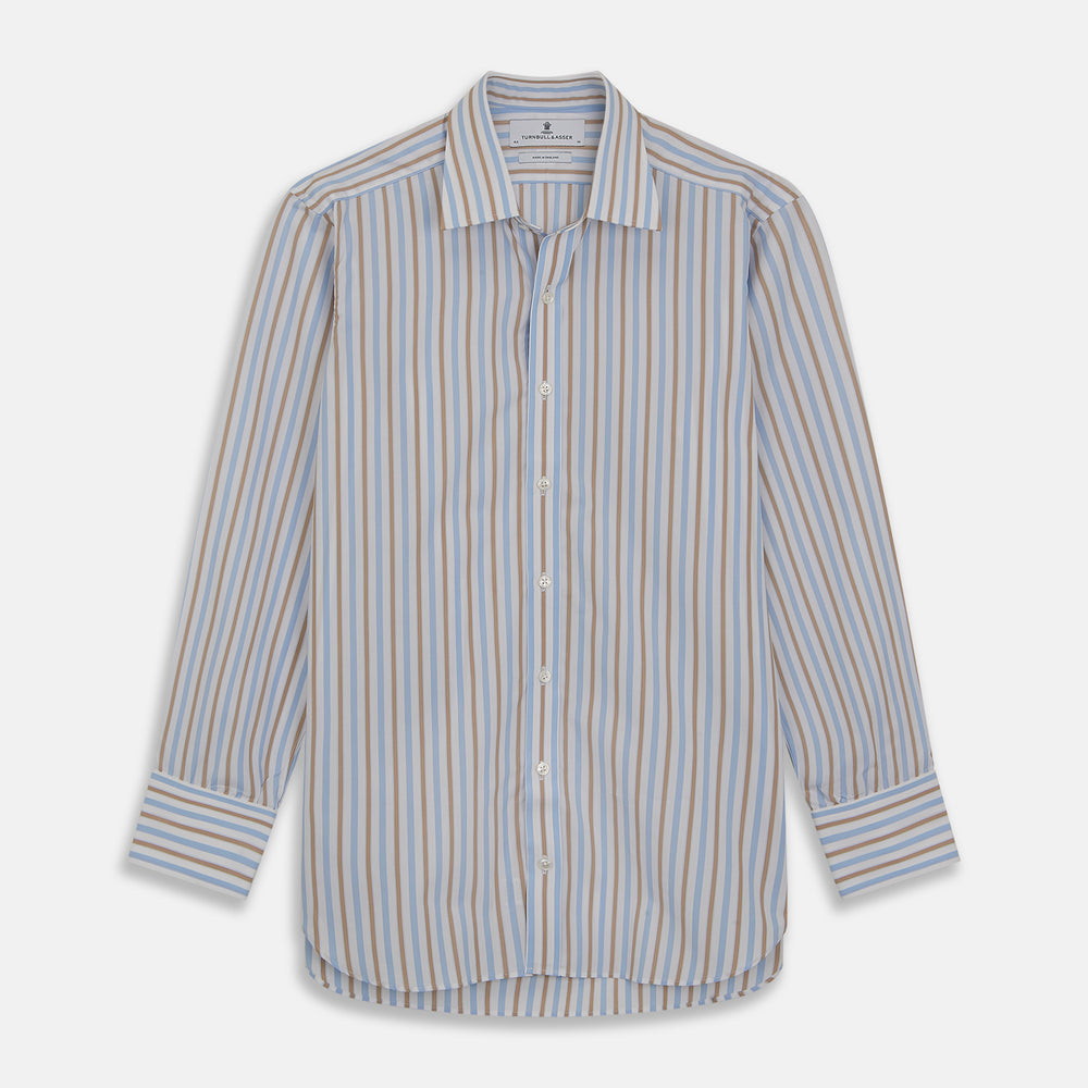 Blue and Brown Stripe Poplin dress shirt with T&A Collar and Three-Button Cuffs | Turnbull & Asser Turnbull & Asser US Blue and Brown Stripe Poplin dress shirt with T&A Collar and Three-Button Cuffs | Turnbull & Asser Turnbull & Asser US