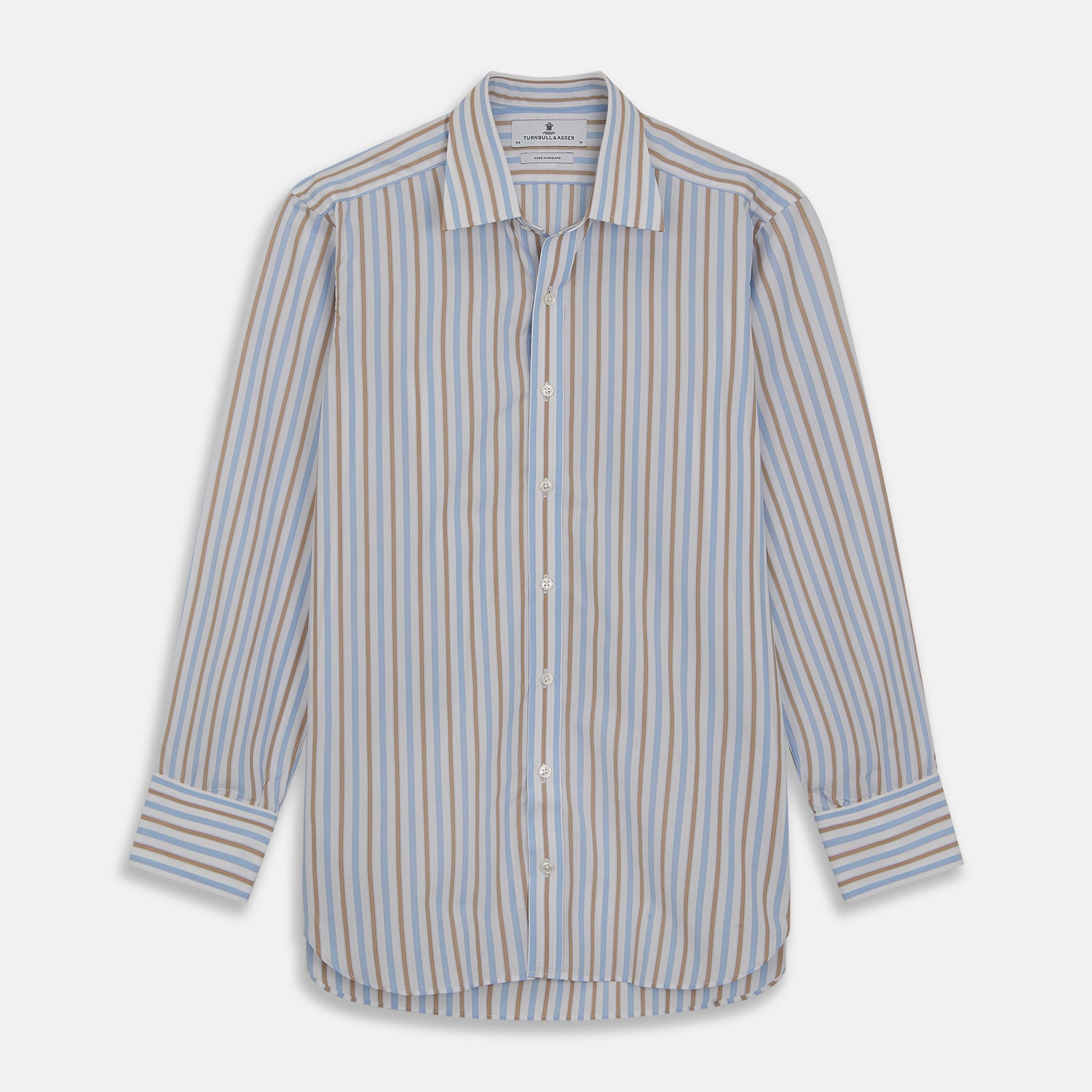 View 1 of product Blue and Brown Stripe Poplin Shirt with T&A Collar and Three-Button Cuffs