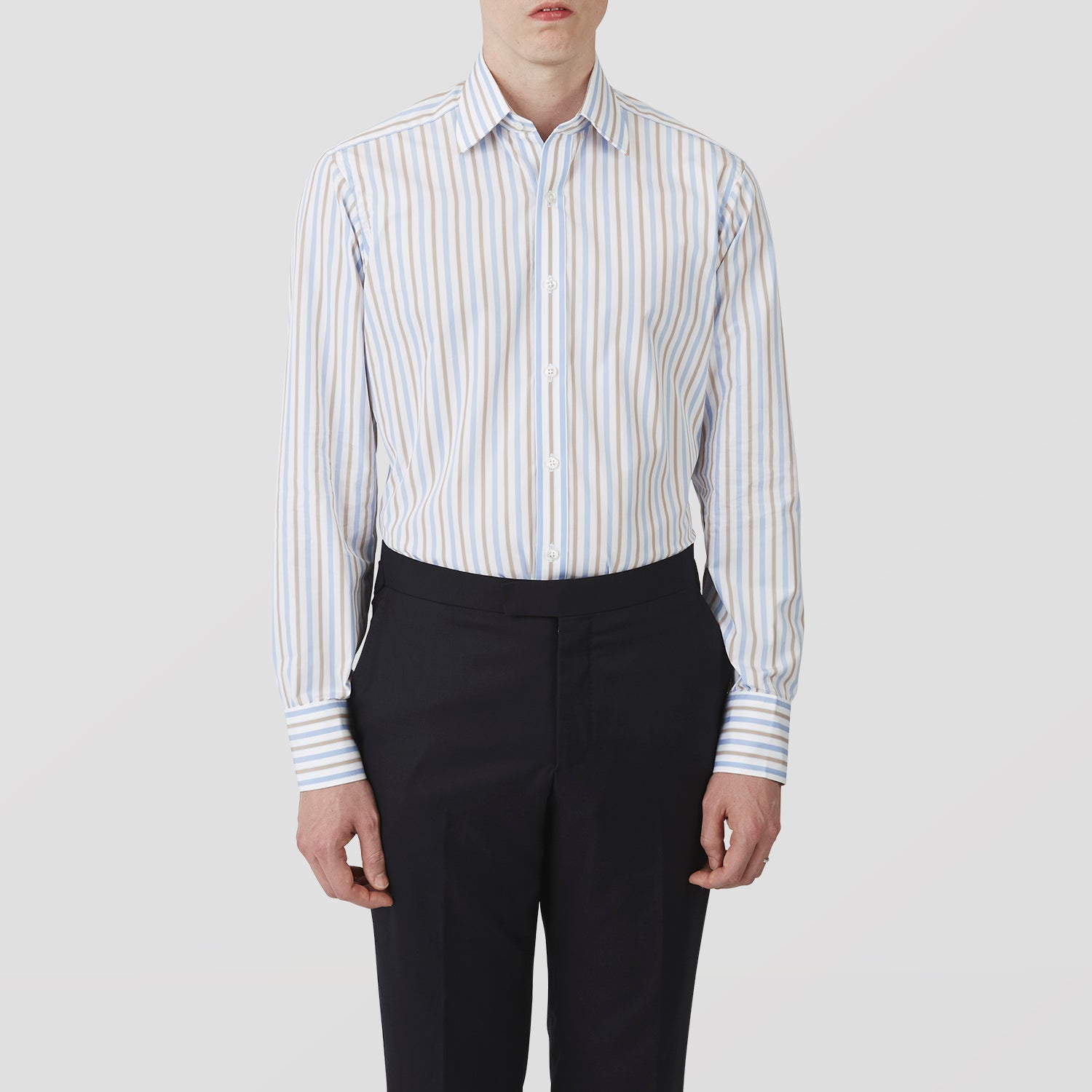 View 2 of product Blue and Brown Stripe Poplin Shirt with T&A Collar and Three-Button Cuffs