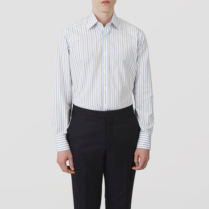Blue and Brown Stripe Poplin Shirt with T&A Collar and Three-Button Cuffs Image 1