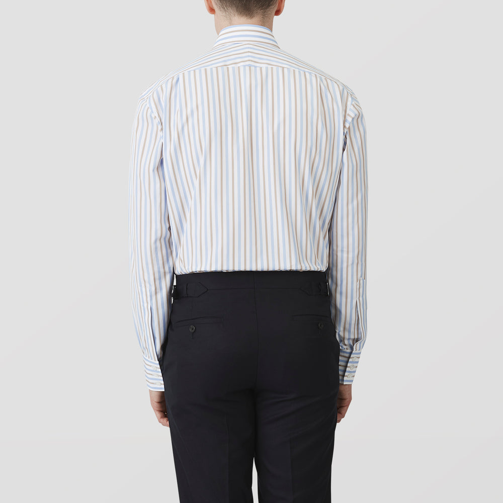 Blue and Brown Stripe Poplin Shirt with T&A Collar and Three-Button Cuffs